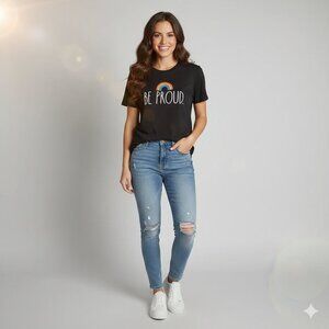 Rae Dunn "BE PROUD" Rainbow Graphic T-Shirt Black Short Sleeve Pride Women's L